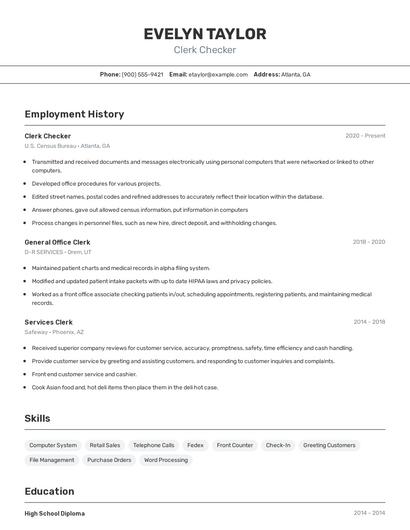 Clerk Checker Resume
