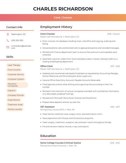 Clerk Checker Resume