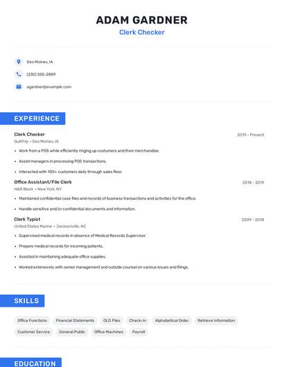 Clerk Checker Resume