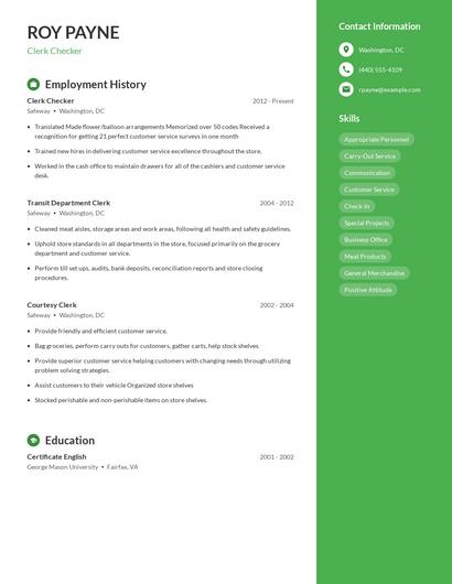 Clerk Checker Resume
