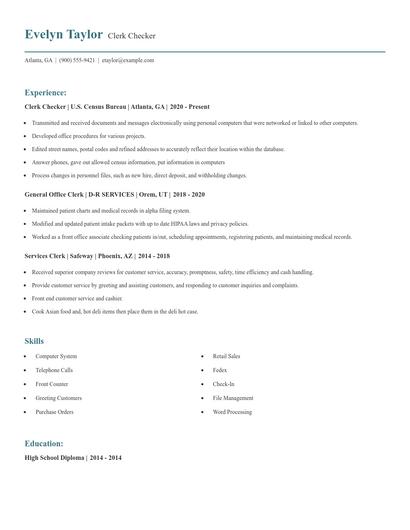 Clerk Checker Resume