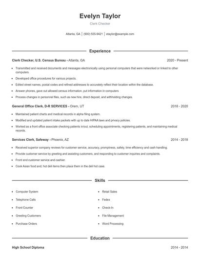 Clerk Checker Resume