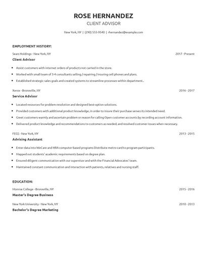 Client Advisor Resume