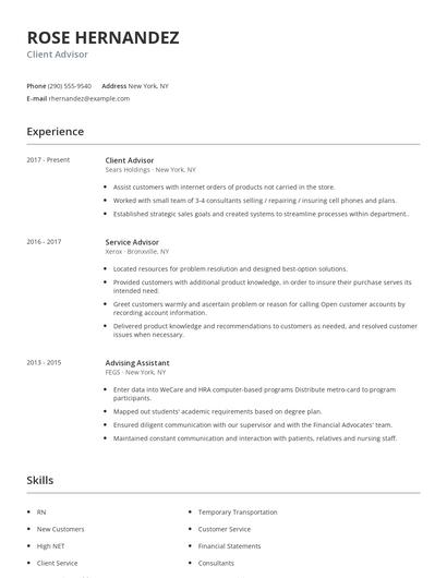 Client Advisor Resume