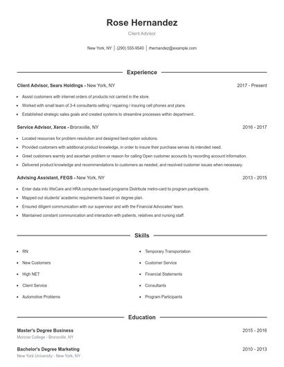 Client Advisor Resume