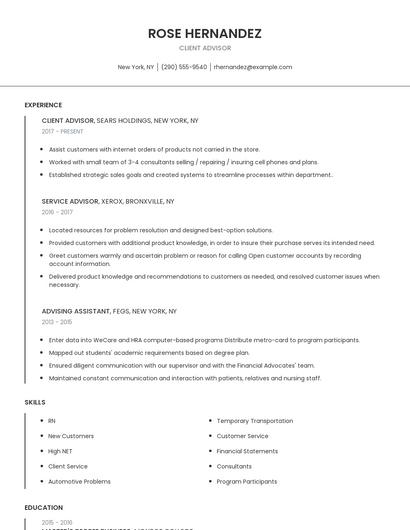Client Advisor Resume