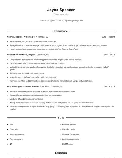Client Associate Resume