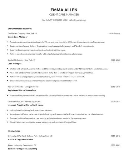 Client Care Manager Resume
