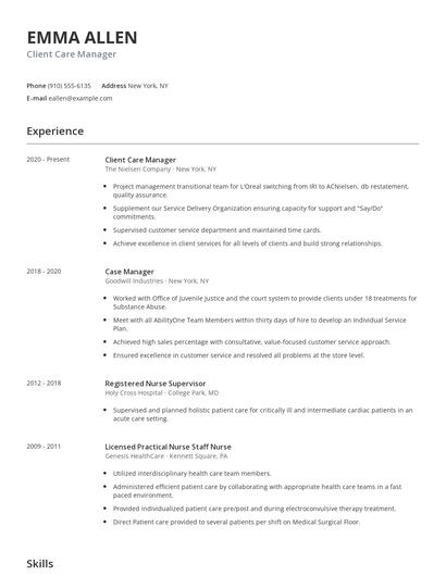 Client Care Manager Resume