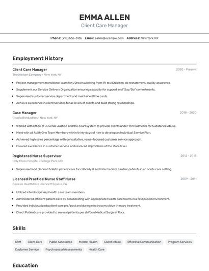 Client Care Manager Resume