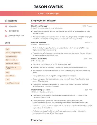 Client Care Manager Resume
