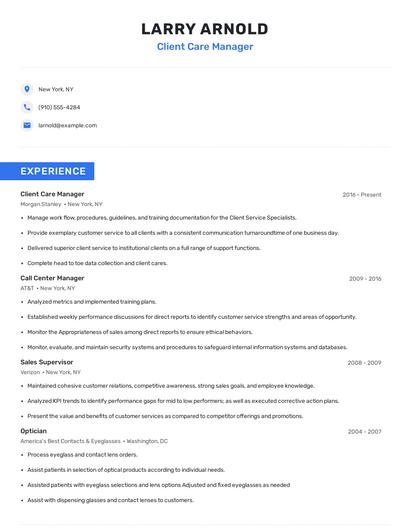 Client Care Manager Resume