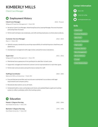 Client Care Manager Resume