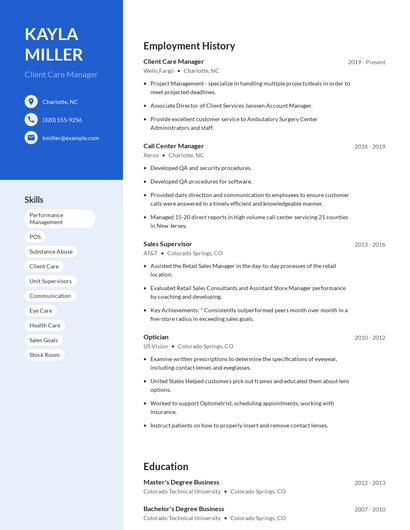 Client Care Manager Resume