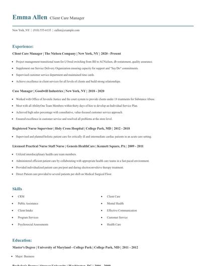 Client Care Manager Resume