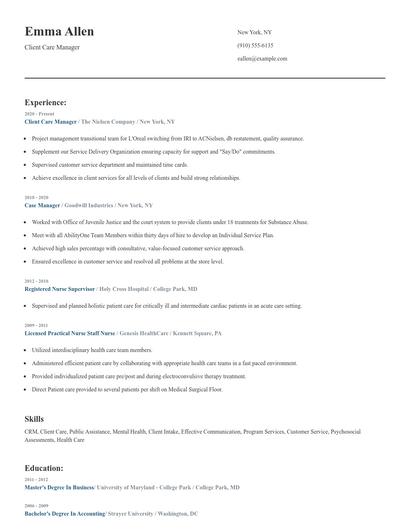 Client Care Manager Resume