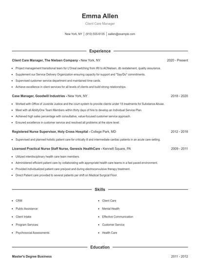 Client Care Manager Resume