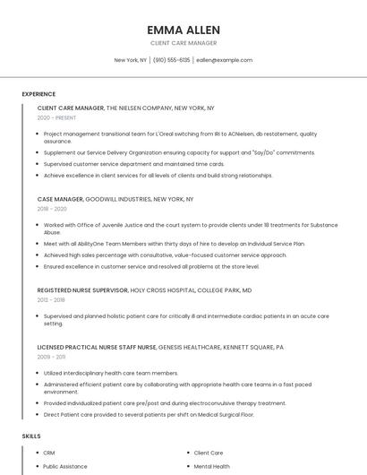 Client Care Manager Resume
