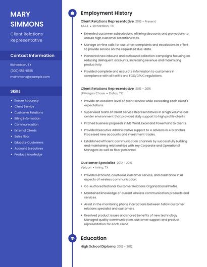 Client Relations Representative Resume