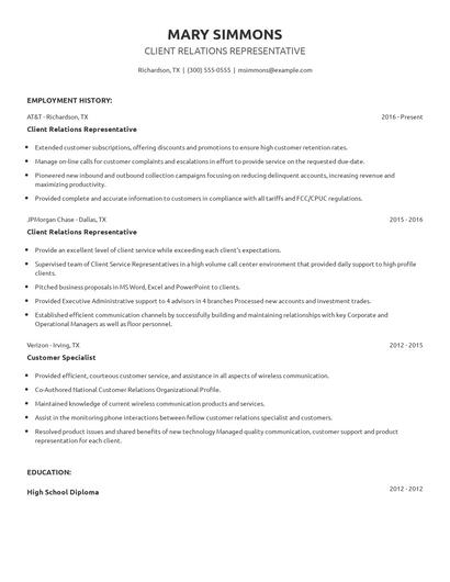 Client Relations Representative Resume