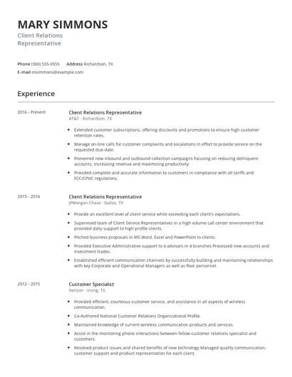 Client Relations Representative Resume