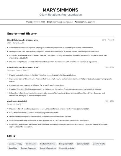 Client Relations Representative Resume