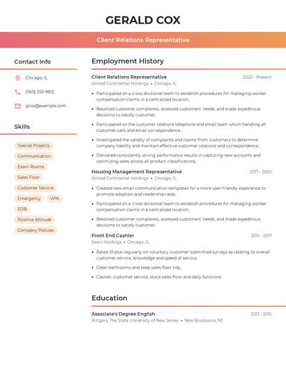 Client Relations Representative Resume