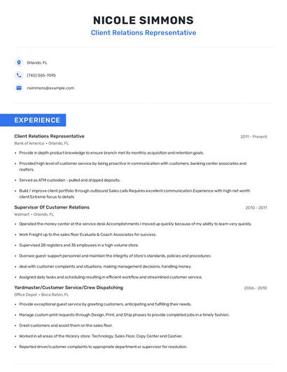 Client Relations Representative Resume