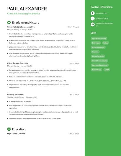 Client Relations Representative Resume