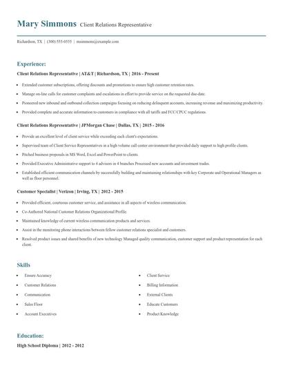 Client Relations Representative Resume