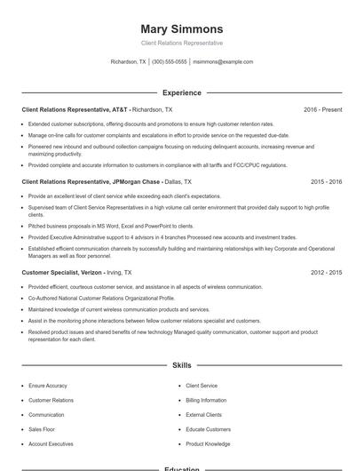 Client Relations Representative Resume