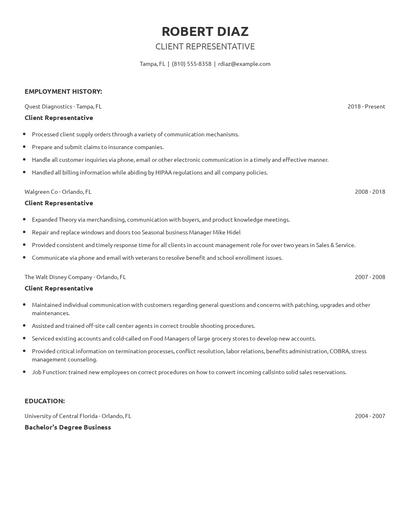 Client Representative Resume
