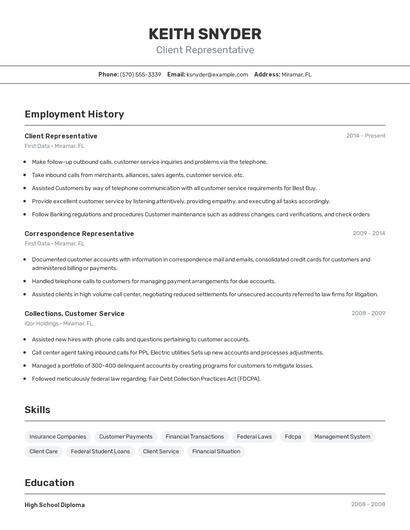 Client Representative Resume