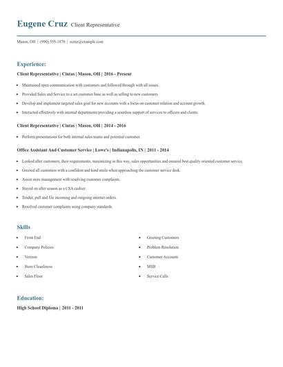 Client Representative Resume