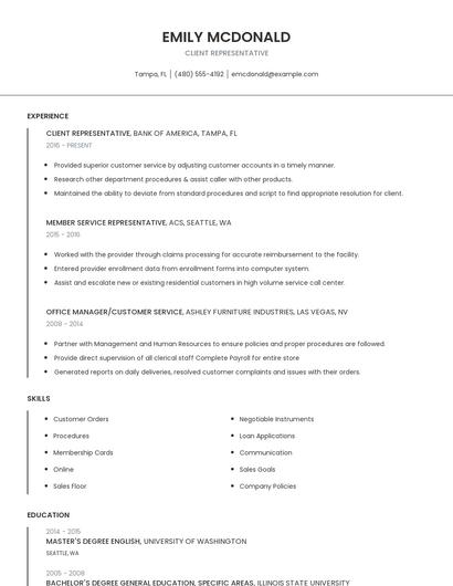 Client Representative Resume