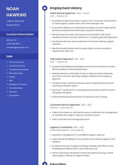 Client Service Supervisor Resume
