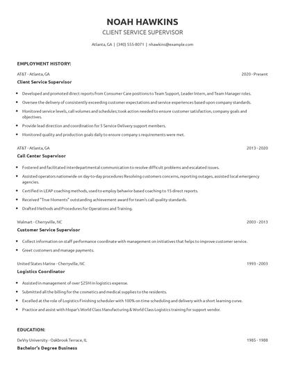 Client Service Supervisor Resume