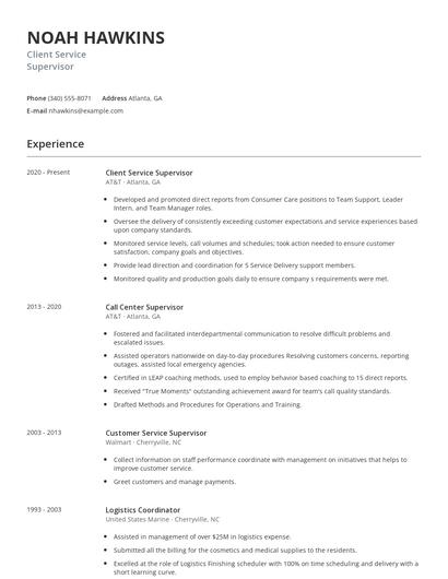 Client Service Supervisor Resume
