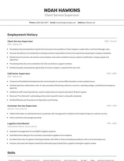 Client Service Supervisor Resume