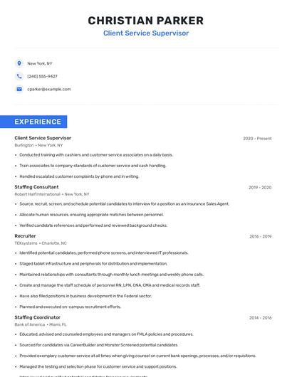 Client Service Supervisor Resume