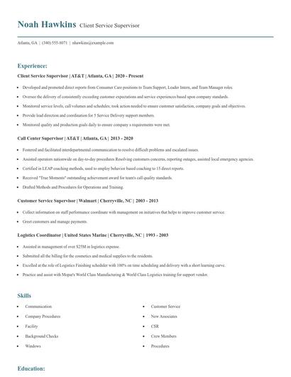 Client Service Supervisor Resume