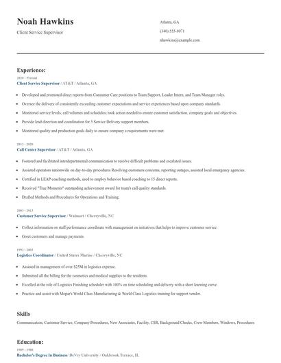 Client Service Supervisor Resume