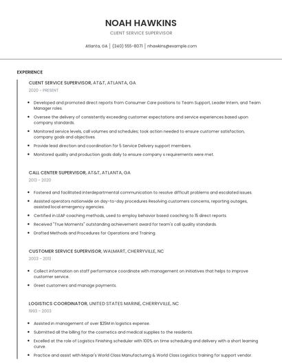 Client Service Supervisor Resume