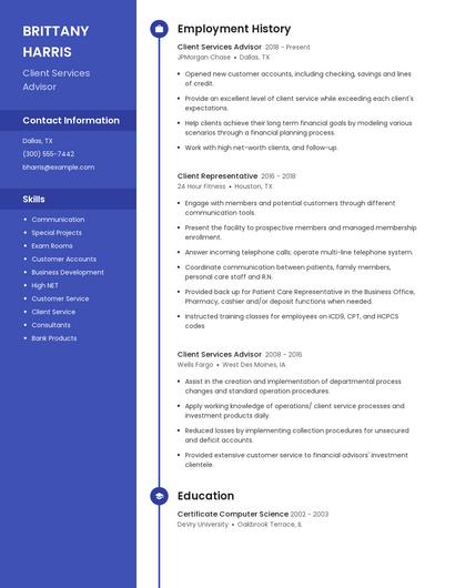 Client Services Advisor Resume
