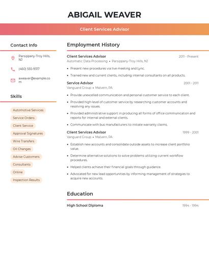 Client Services Advisor Resume