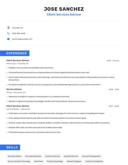 Client Services Advisor Resume