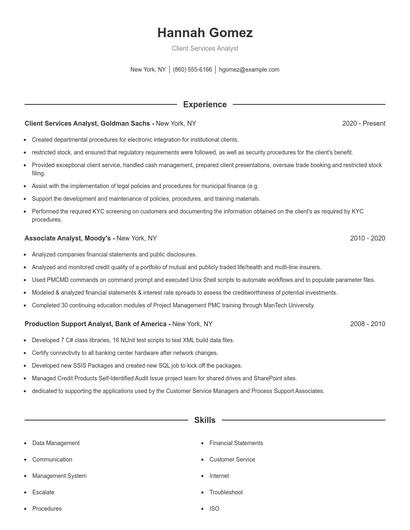Client Services Analyst Resume