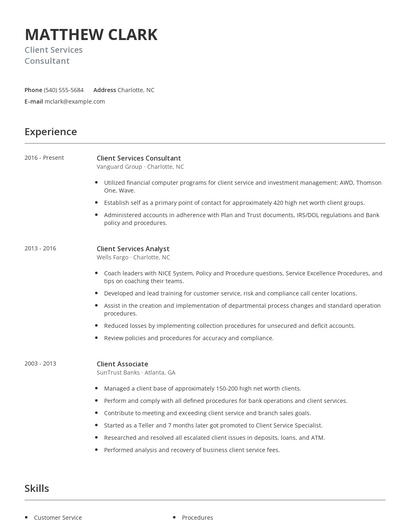 Client Services Consultant Resume