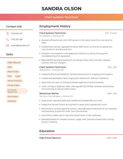 Client Systems Technician Resume