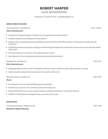Clinic Administrator Resume